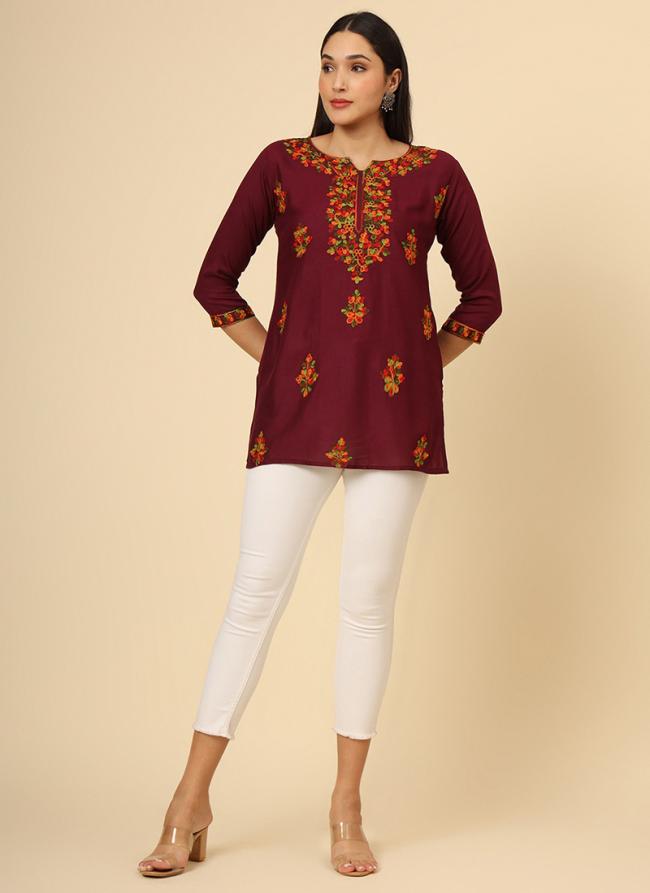 Rayon  Maroon Office Wear Embroidery Work Readymade Top